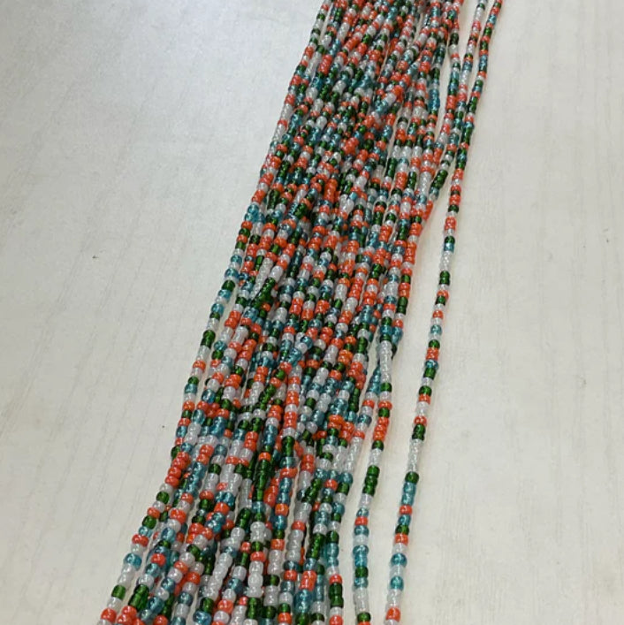 Multicolor Green, Teal, Orange, & White Medium Waistbeads